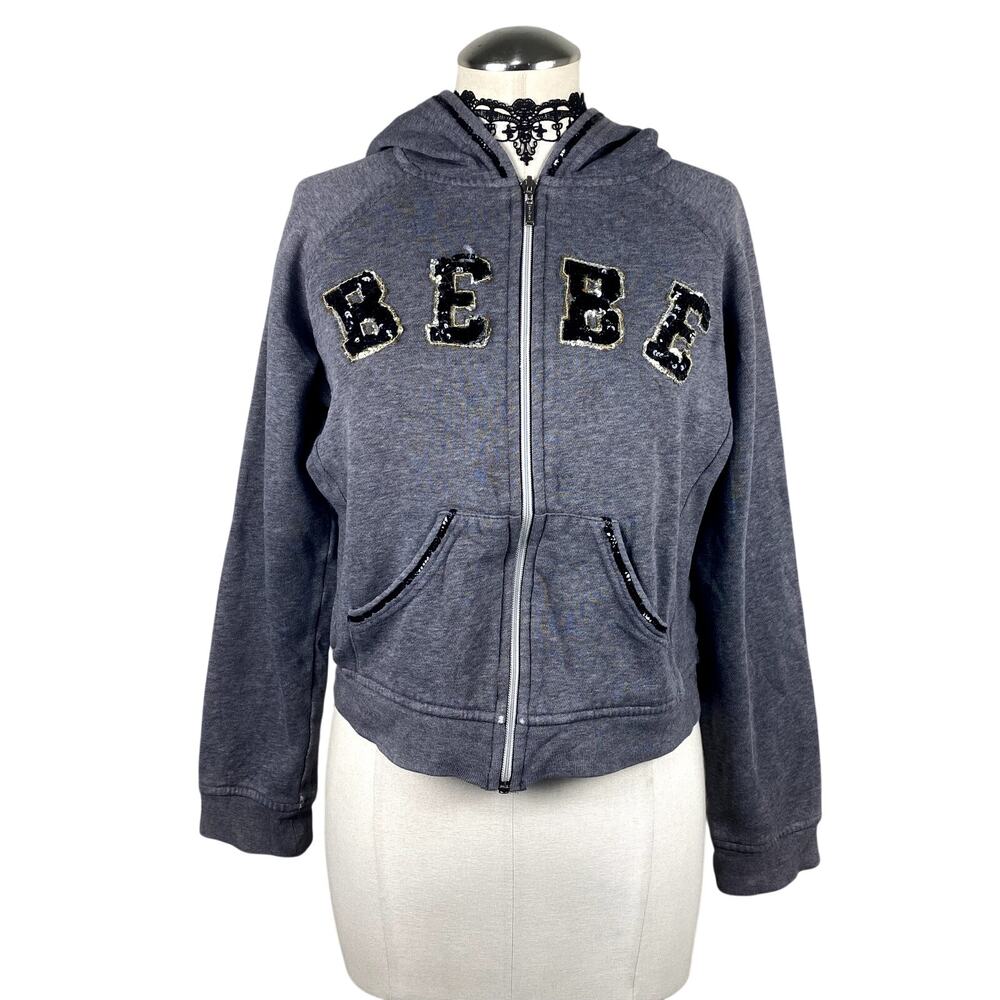 Bebe Y2K Sequin Spellout Gray Cropped Streetwear Grunge Mcbling Zip Up Hoodie M